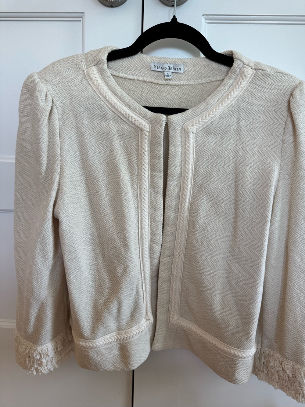 See and Be Seen Cream Collarless Fringed Jacket